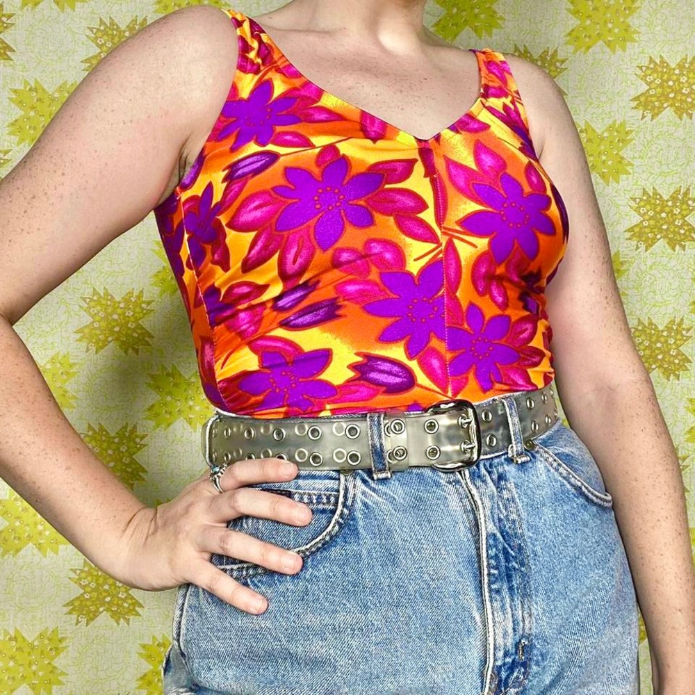 Vintage 90s orange, pink & purple floral Speedo one piece swimsuit 🌺
